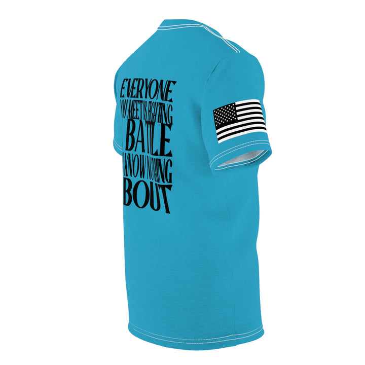 BE KIND-TURQ-WHITE & BLACK SEAMS-Unisex Cut & Sew Tee (AOP)