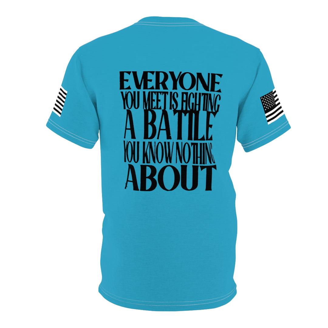 BE KIND-TURQ-WHITE & BLACK SEAMS-Unisex Cut & Sew Tee (AOP)