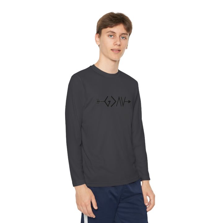God is Greater Youth Long Sleeve Competitor Tee
