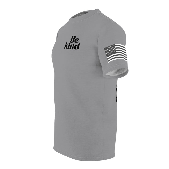 BE KIND -GREY-BLACK SEAM-Unisex Cut & Sew Tee (AOP)