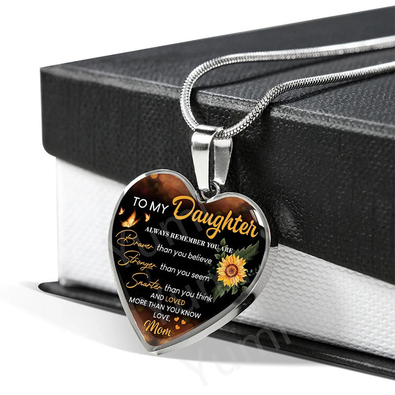Sunflower To My Daughter Love Mom Heart Epoxy Necklace Inspirational Jewelry