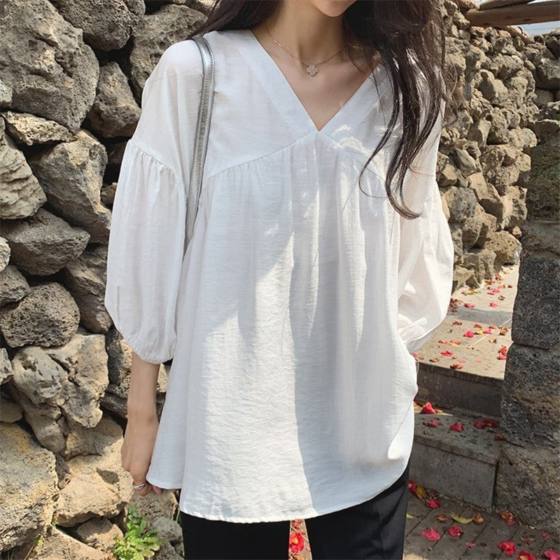 Chiffon Navy Wind Over The Knee Solid Color Cotton Shirt