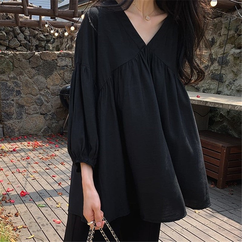 Chiffon Navy Wind Over The Knee Solid Color Cotton Shirt