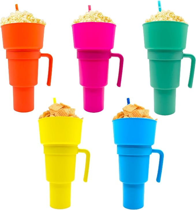 5 Pcs Stadium Tumbler With Snack Bowl, 2 In 1 Travel Cup With Snack Bowl, Cup Snack With Bowl On Top And Straw, Leak Proof Snack Cup And Bowl Combo 32oz Blue, Orange, Pink, Green, Yellow