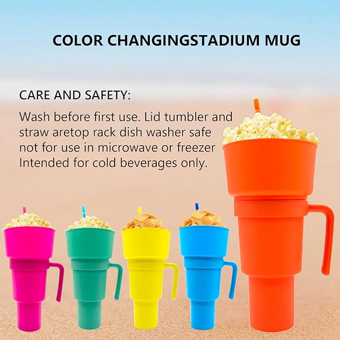 5 Pcs Stadium Tumbler With Snack Bowl, 2 In 1 Travel Cup With Snack Bowl, Cup Snack With Bowl On Top And Straw, Leak Proof Snack Cup And Bowl Combo 32oz Blue, Orange, Pink, Green, Yellow