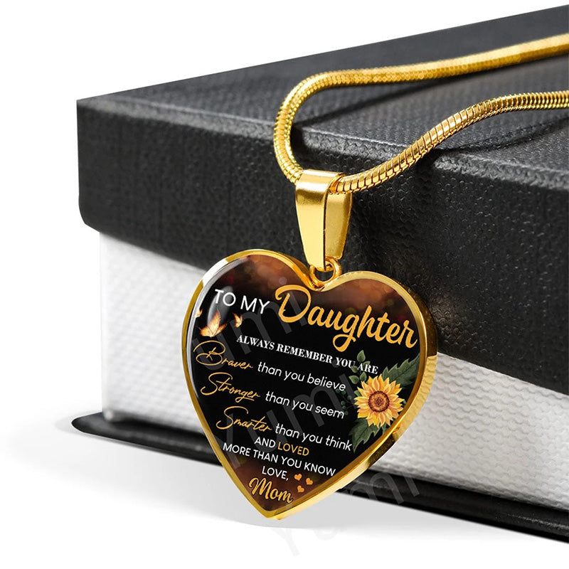 Sunflower To My Daughter Love Mom Heart Epoxy Necklace Inspirational Jewelry