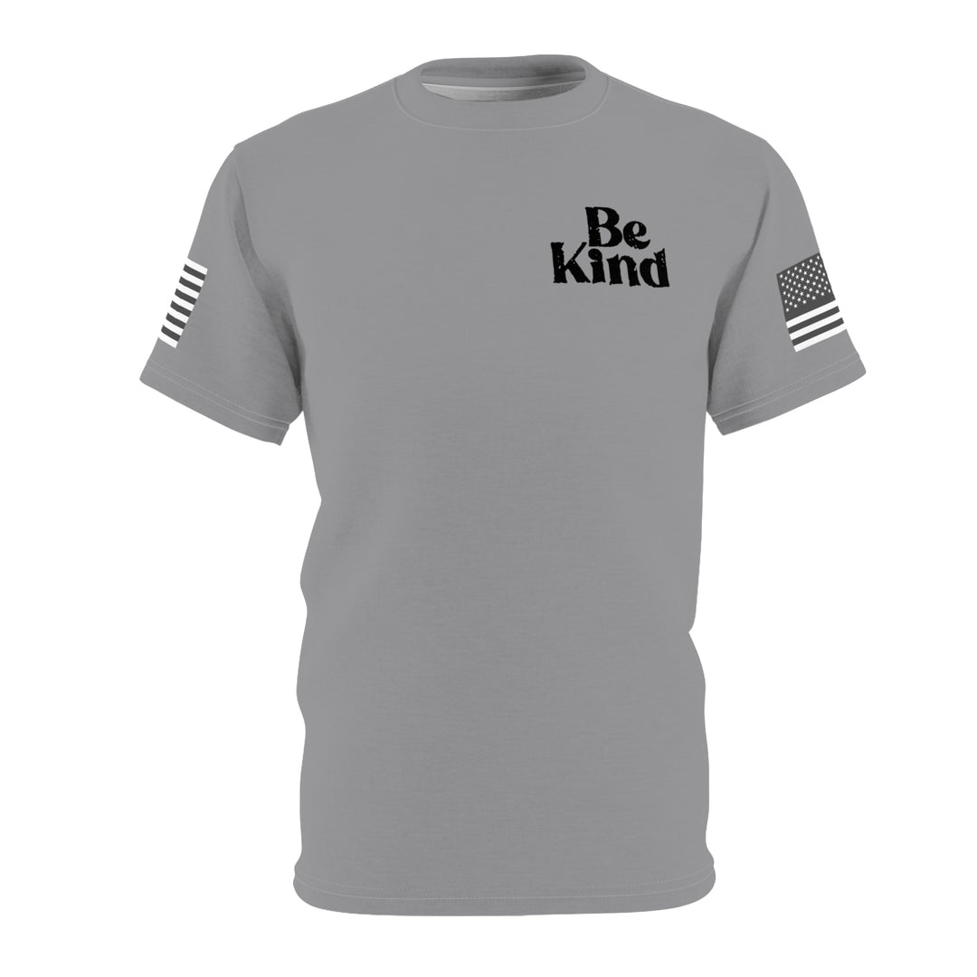 BE KIND -GREY-BLACK SEAM-Unisex Cut & Sew Tee (AOP)