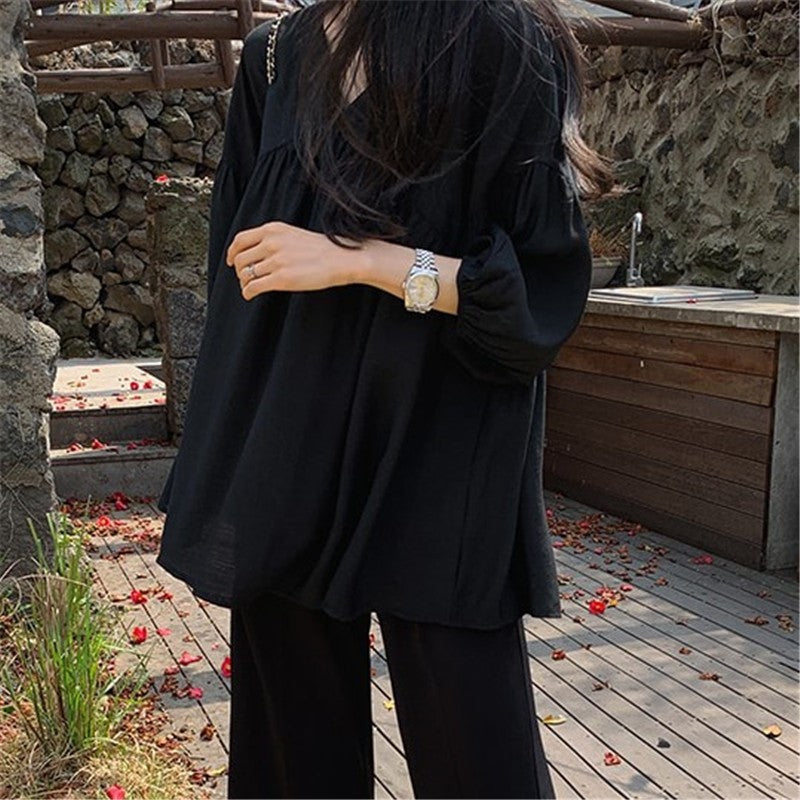 Chiffon Navy Wind Over The Knee Solid Color Cotton Shirt