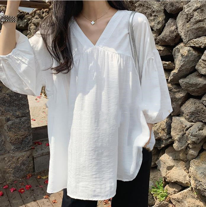 Chiffon Navy Wind Over The Knee Solid Color Cotton Shirt