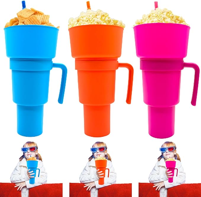 5 Pcs Stadium Tumbler With Snack Bowl, 2 In 1 Travel Cup With Snack Bowl, Cup Snack With Bowl On Top And Straw, Leak Proof Snack Cup And Bowl Combo 32oz Blue, Orange, Pink, Green, Yellow