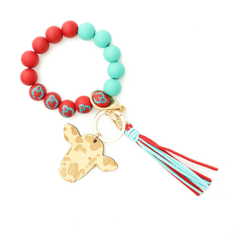 Tassel Western Denim Bracelet Bull Head Keychain