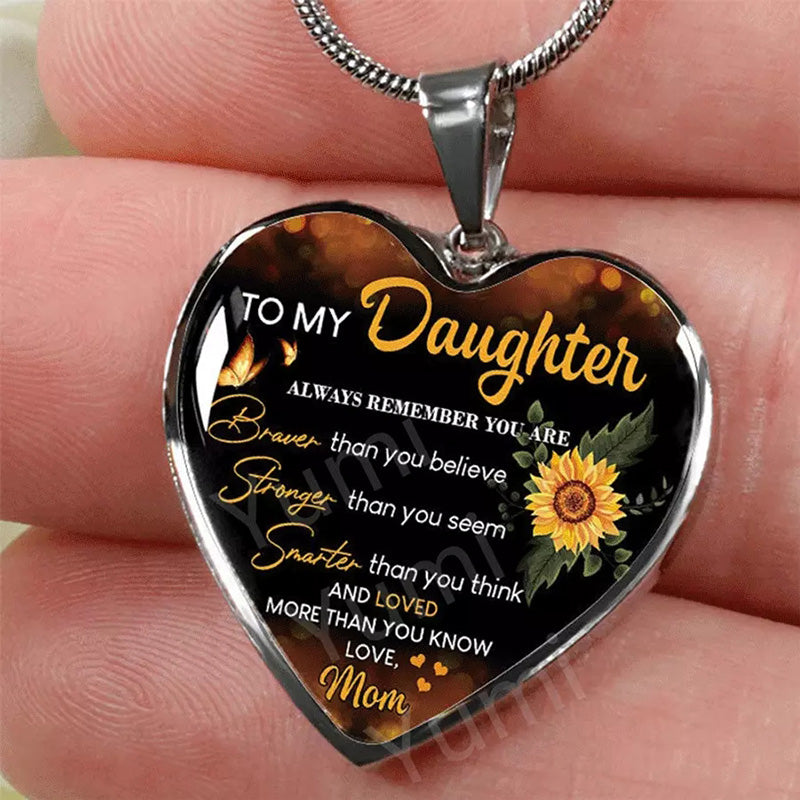 Sunflower To My Daughter Love Mom Heart Epoxy Necklace Inspirational Jewelry