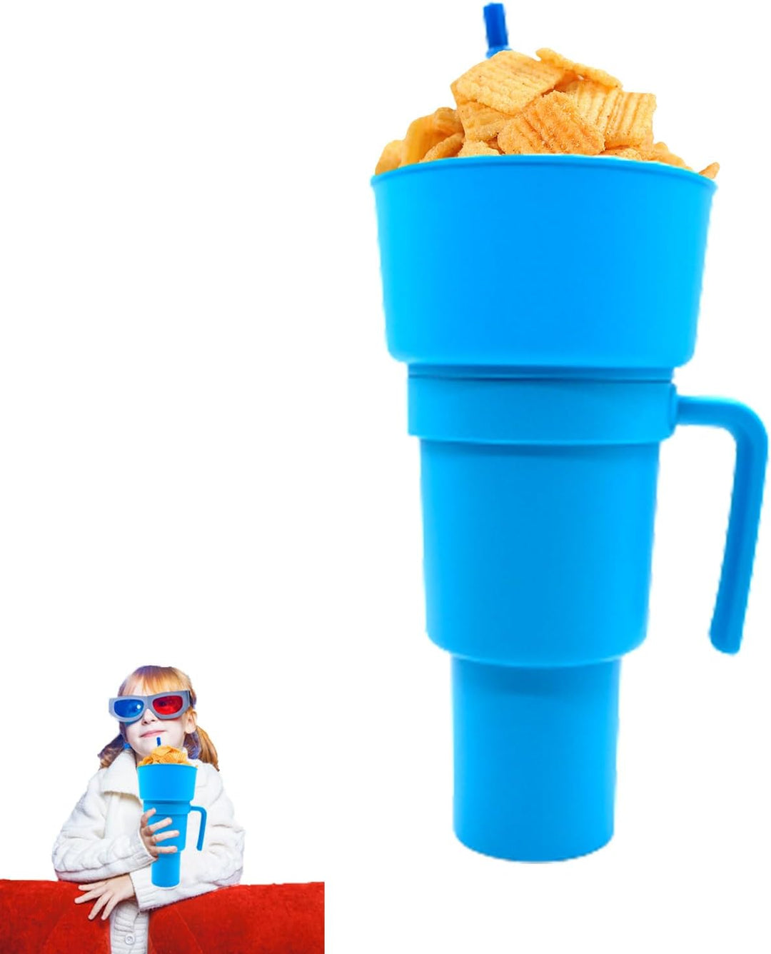 5 Pcs Stadium Tumbler With Snack Bowl, 2 In 1 Travel Cup With Snack Bowl, Cup Snack With Bowl On Top And Straw, Leak Proof Snack Cup And Bowl Combo 32oz Blue, Orange, Pink, Green, Yellow