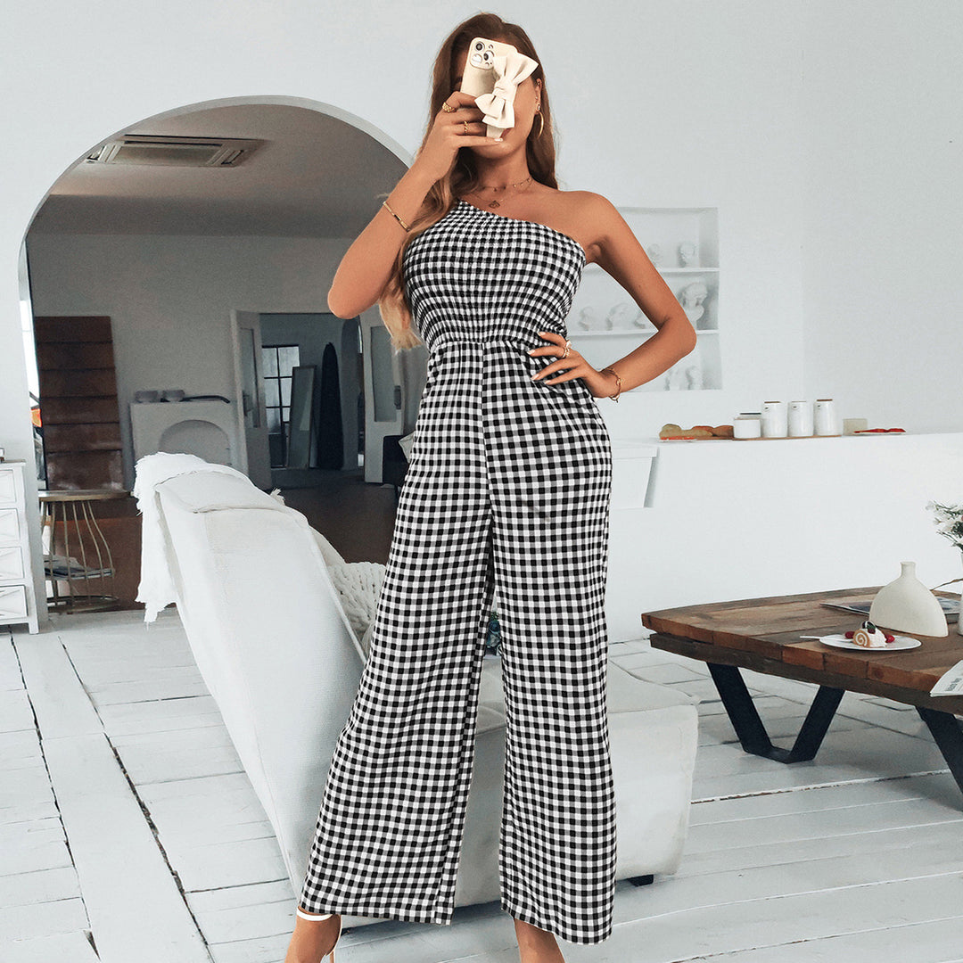 Plaid One-shoulder Top Section Smocking Temperament Polyester Women's Jumpsuit