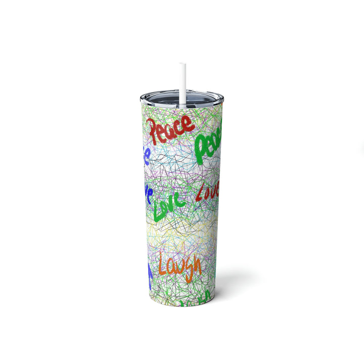 PEACE-LOVE-LAUGH-Skinny Steel Tumbler with Straw, 20oz