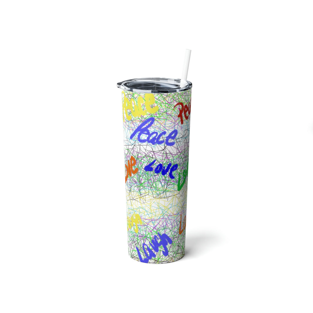 PEACE-LOVE-LAUGH-Skinny Steel Tumbler with Straw, 20oz